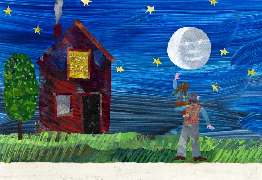 Illustration of man holding child on shoulders looking at the moon.