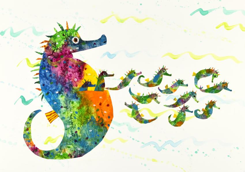 Illustration of colorful seahorse with baby seahorses.