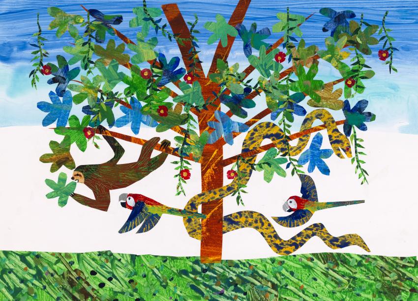Illustration of sloth in tree with parrots and snake.