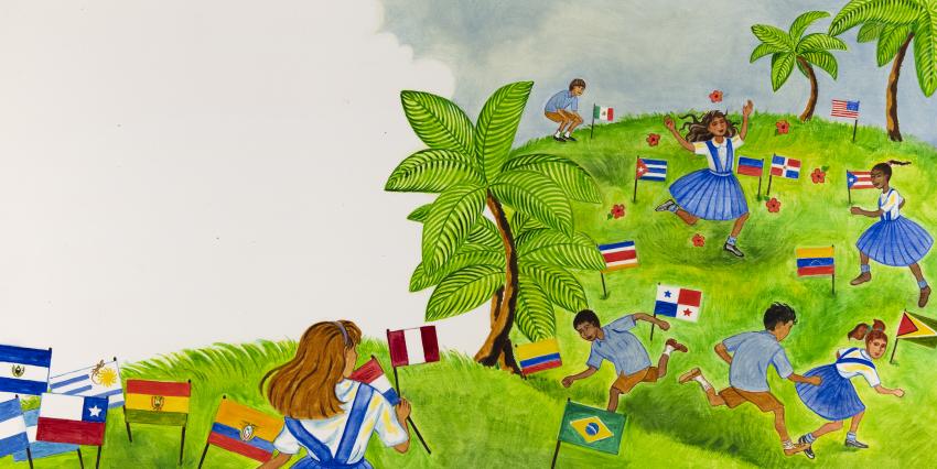Illustration of children in field with flags. 