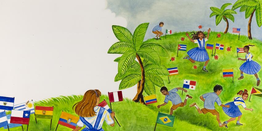 Illustration of children in field with flags.