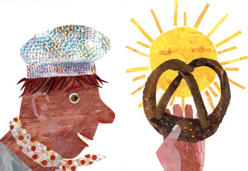 Illustration of baker in white hat holding pretzel in sunshine.