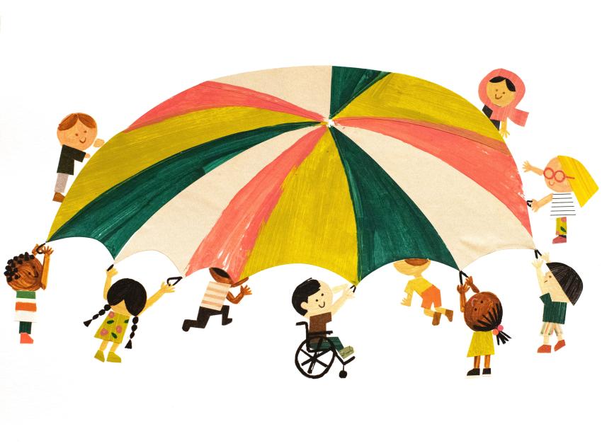Children throwing balloon sheet in air