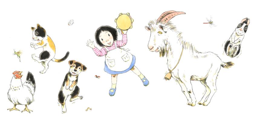 Illustration of rooster, cat, dog, girl, goat, and bunny jumping in air. 