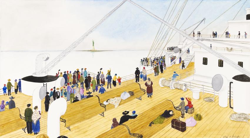 Illustration of people boarding ship. 