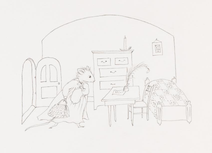 Pencil drawing of mouse in kitchen. 