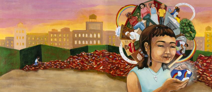 Illustration of girl with memories surrounding head.