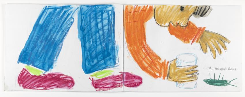 A drawing by Eric Carle where a child bends down to pick a click beetle off of the ground to put in a jar.