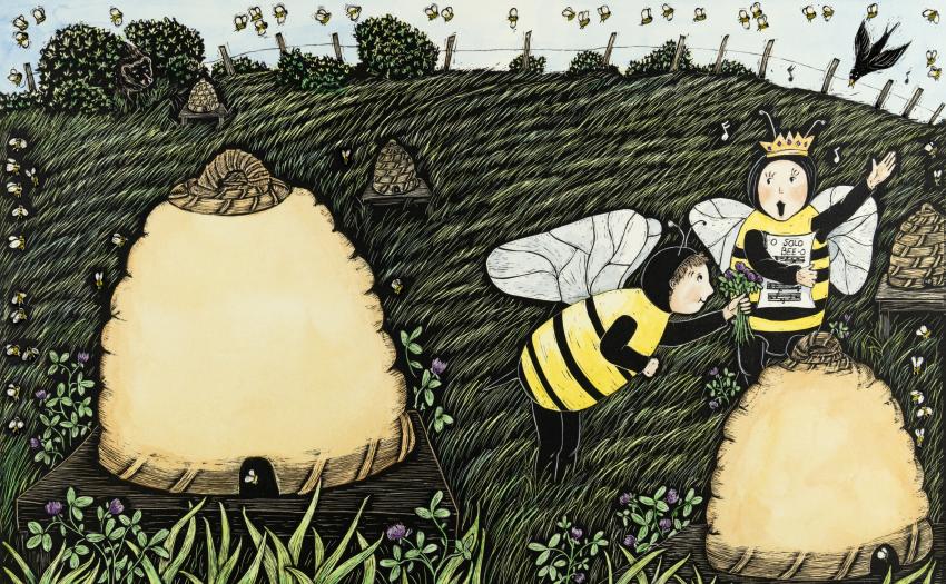 Illustration of bees next to honeycombs. 