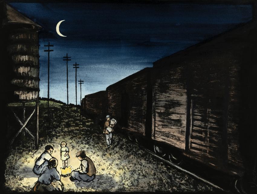 Illustration of people siting under moonlight next to train car. 