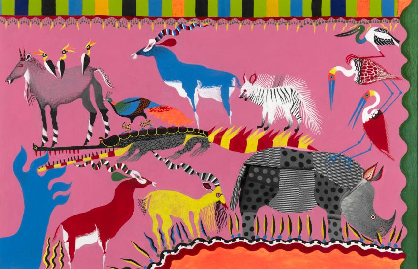 Illustration of animals against pink background.