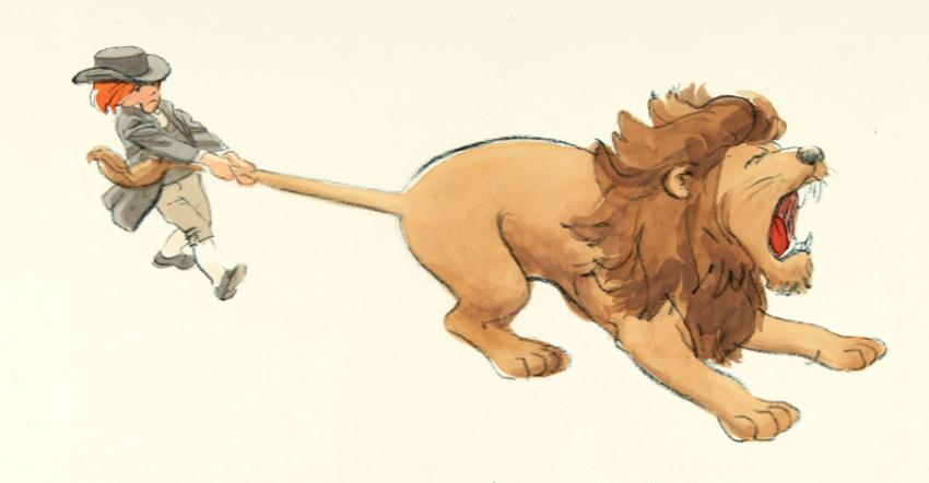 Illustration of boy pulling lion's tail. 