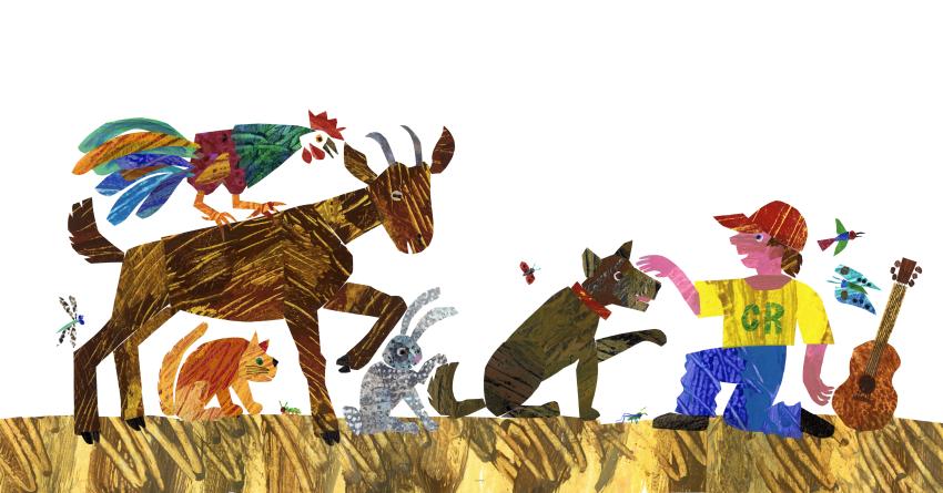 Illustration of boy with guitar and farm animals.