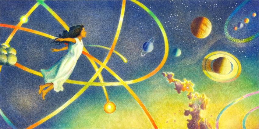Illustration of girl floating through space. 