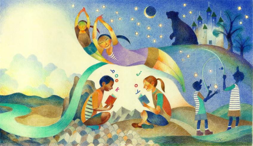 Illustration of children flying through night sky.
