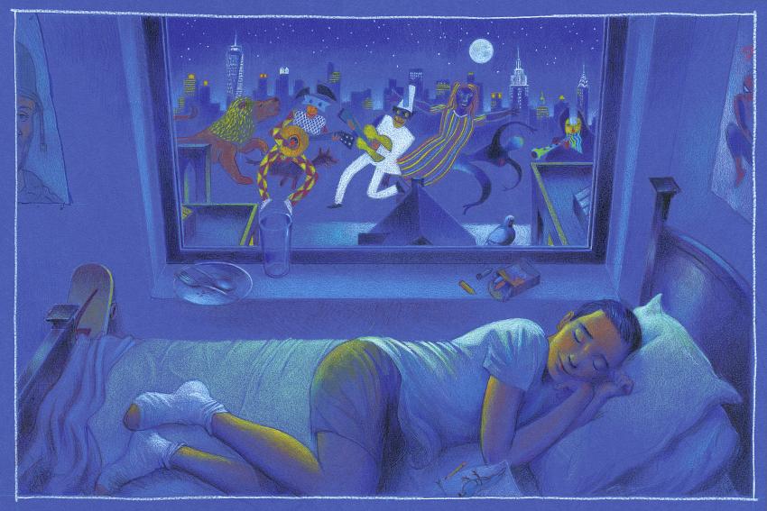 Illustration of boy dreaming in bed. 