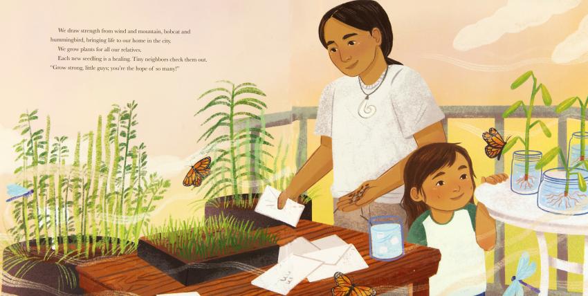 A father and son are planting seeds and growing seedlings. They stand behind a table covered with envelopes of seeds, and seed trays full of plants.  The young boy looks at a butterfly on a plant leaf growing in a glass jar.