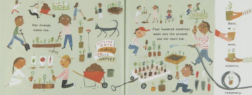 Children perform a variety of garden tasks, digging, planting, watering, moving soil. Pots of basil, mint, cilantro, and rosemary are displayed alongside the gardening scene.