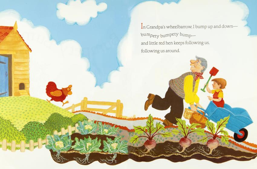 A red hen follows a grandfather and his grandson into the garden. The grandfather pushes his grandson, who holds a shovel, in a blue wheelbarrow.