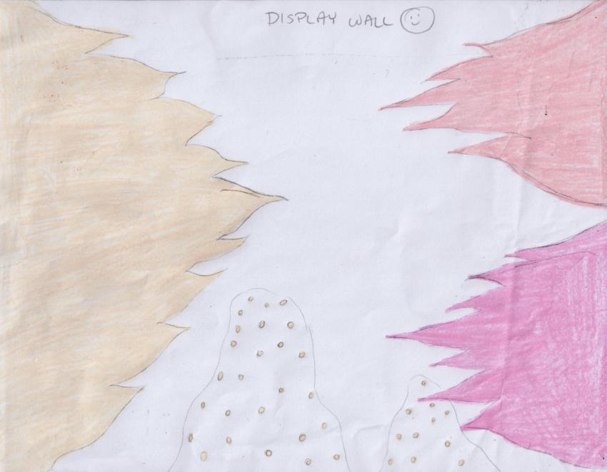 Pencil sketch on paper of display wall idea. Pink, orange, and red flames and map out of where the rocks with orange dots at the bottom of the sketch.