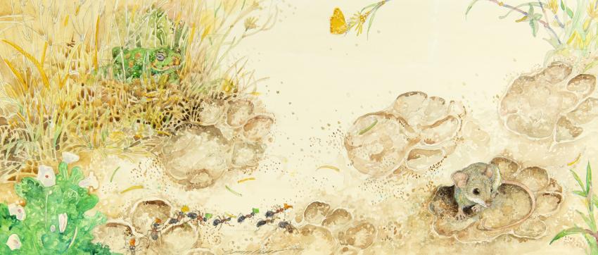 Illustration of mouse in lion's footprint. 