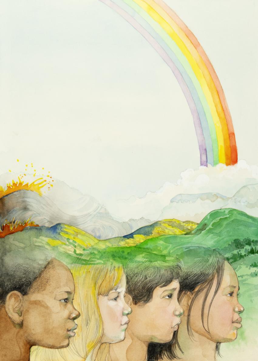 Illustration of faces and rainbow