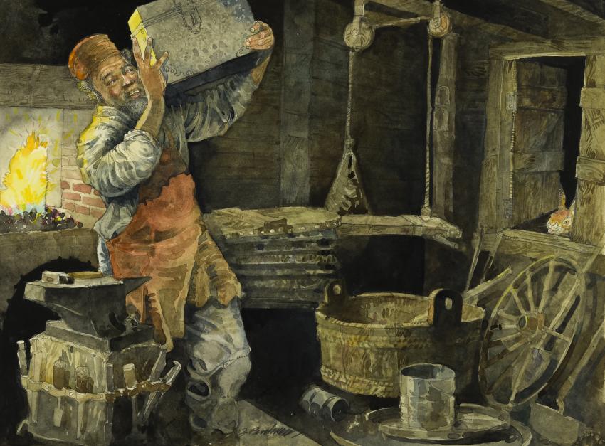 Illustration of man carrying box.