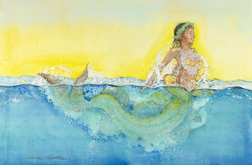 Illustration of mermaid in water.