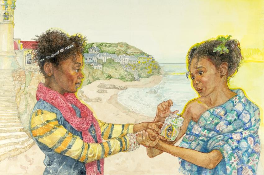 Illustration of girl handing another girl a shell.