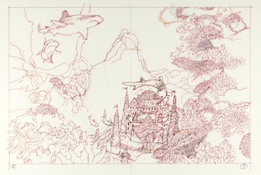 Sketch of coral reef with sharks.