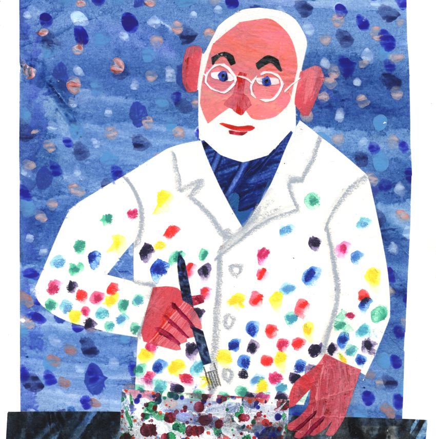 collage of eric carle at work with paint on his white coat.