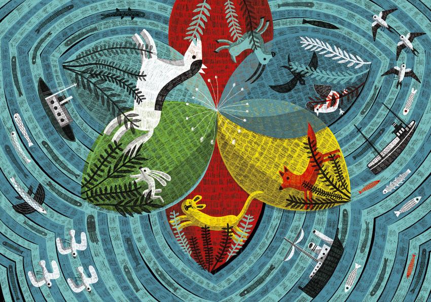 Illustration of animals in abstract composition.