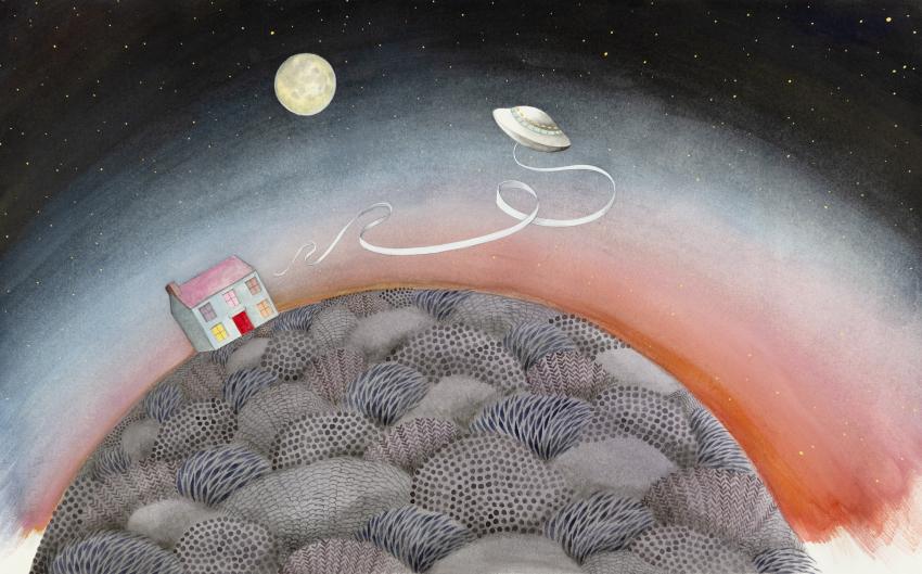 illustration of house on planet.