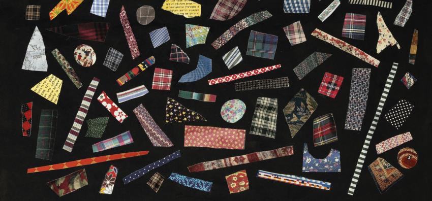 endpapers with various scraps of collage paper