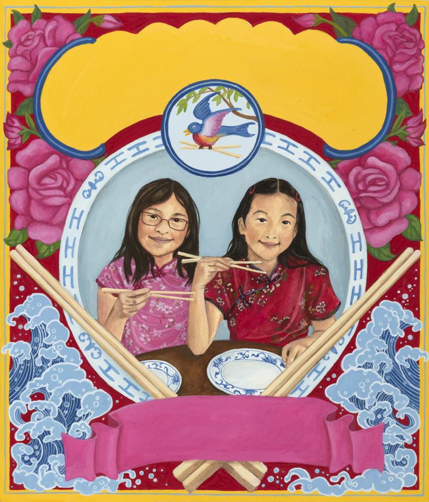 Illustration of two girls eating soup.