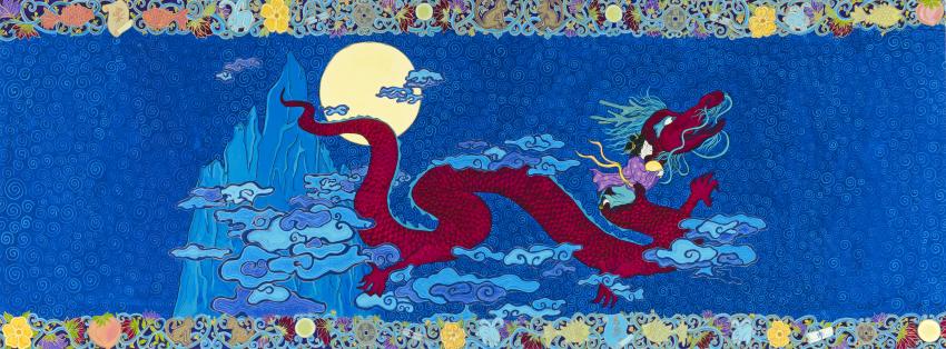 Illustration of girl riding Chinese dragon.