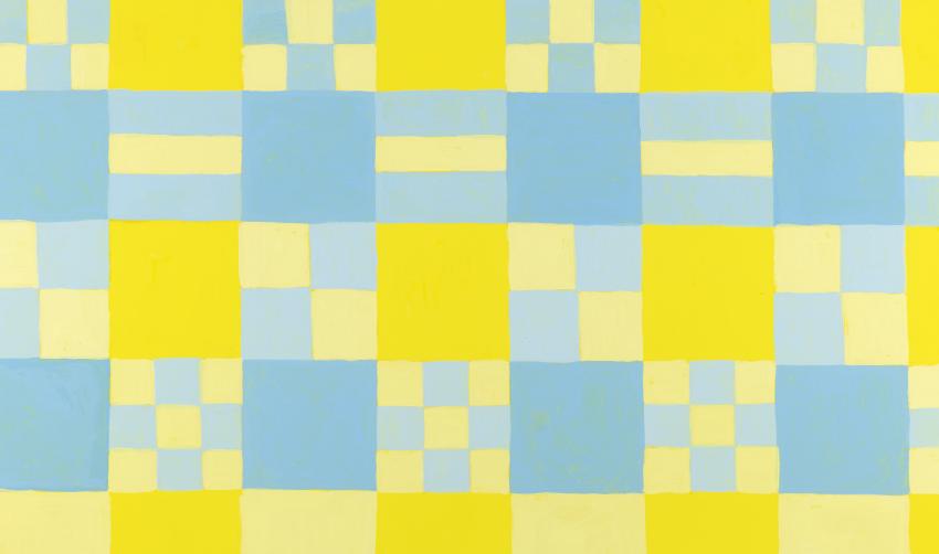 Illustration of blue and yellow plaid squares.