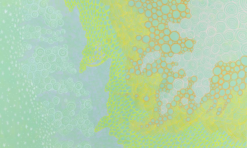 Illustration of blue and yellow natural forms.