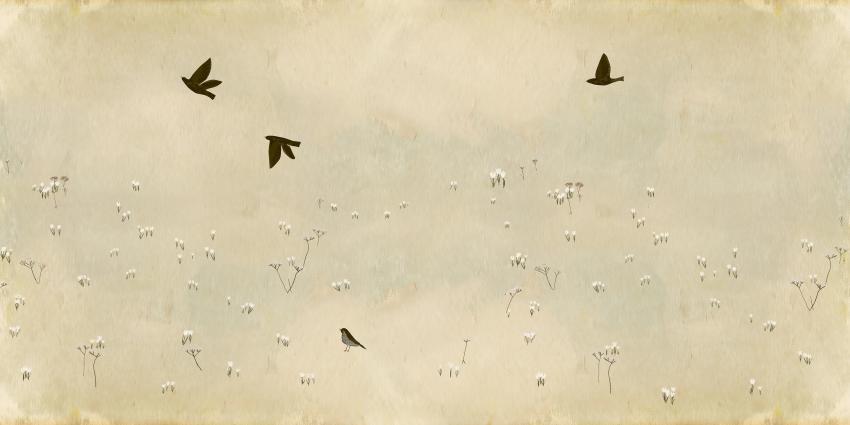 Illustration of black birds flying.