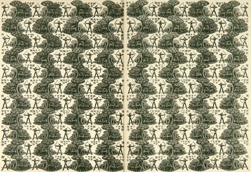 Endpapers illustration showing bow hunter in woods pattern.