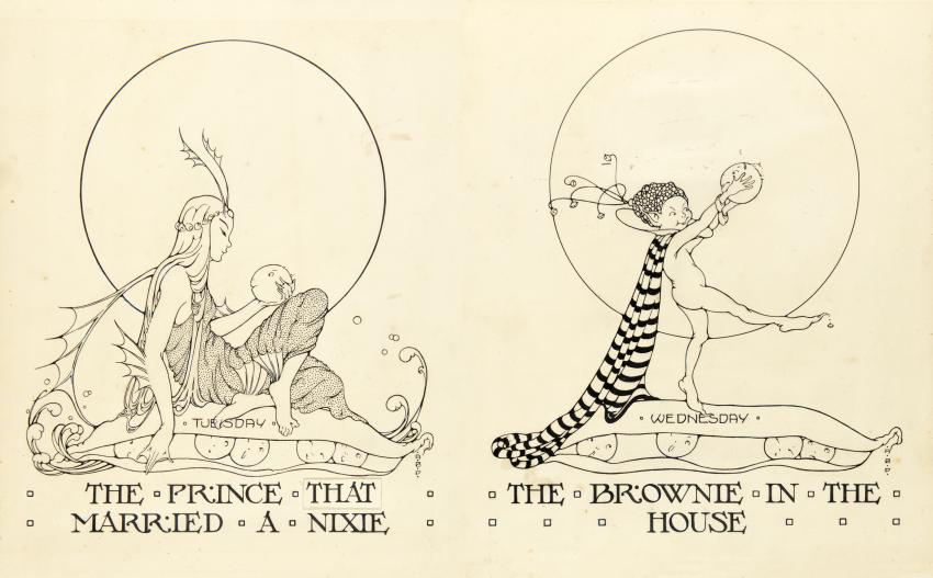 Illustration in black line of magical elf creatures. 