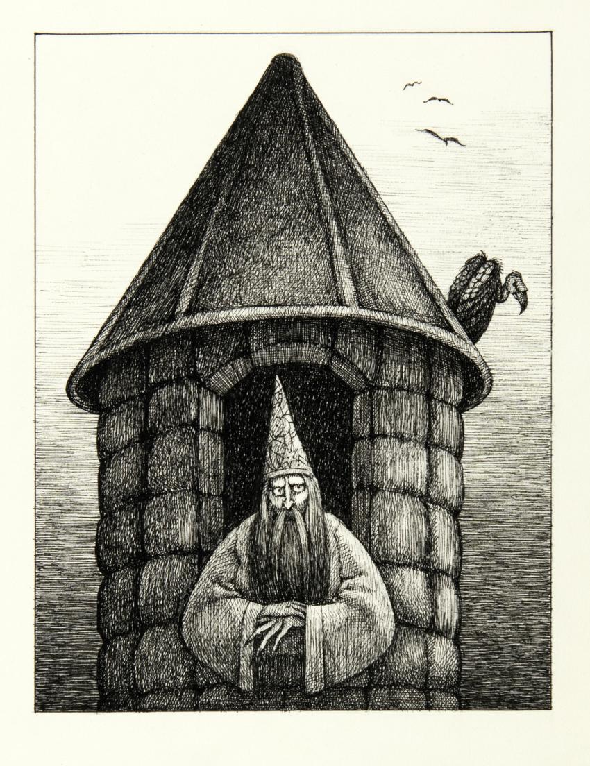 Illustration of wizard in tower. 