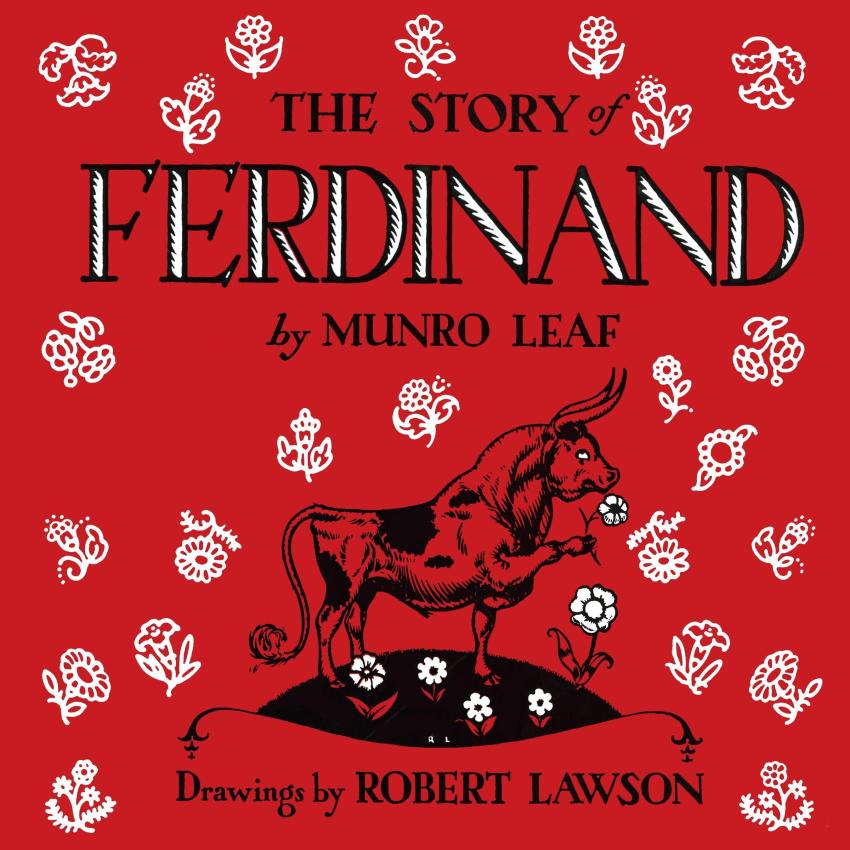 Book cover illustration of bull sniffing flower.