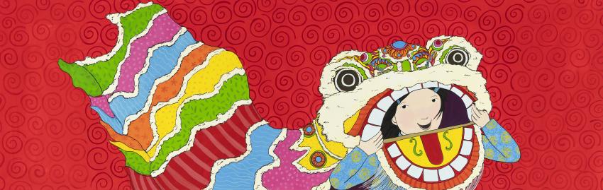 Illustration of girl's face in mouth of Chinese Dragon costume. 