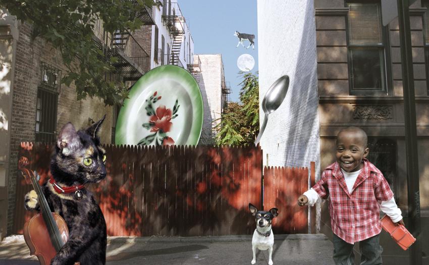 Photographic collage of boy with dog and plates and cat playing fiddle.