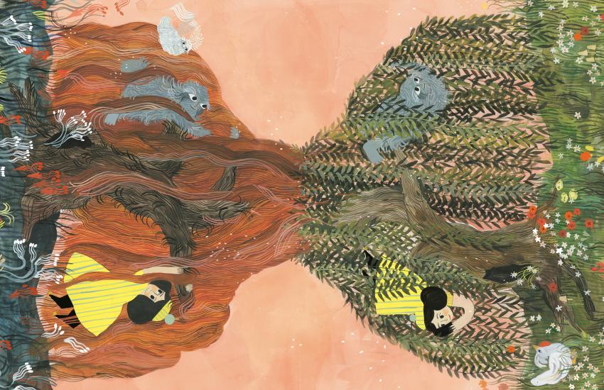 Illustration of girl in two landscapes mirror-imaged.