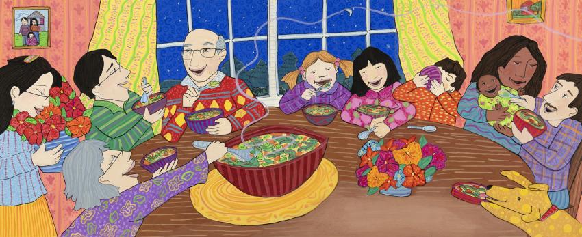Illustration of family eating at table.