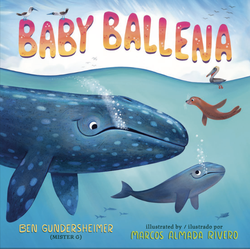 A large whale and other sea creatures in the ocean, with the words "Baby Ballena" written at the top.