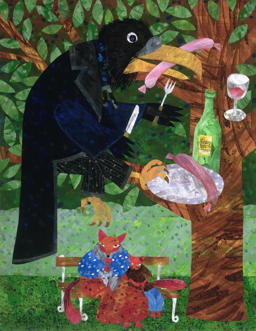 Illustration of crow eating a hot dog in a tree. 