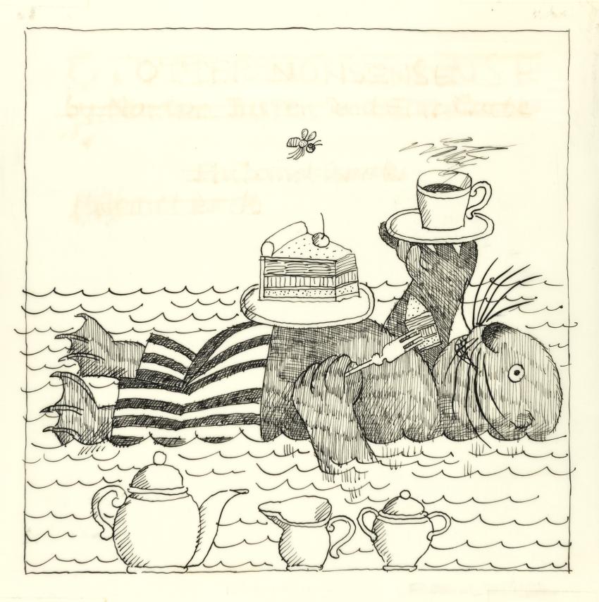 Illustration of otter eating cake and coffee in water.